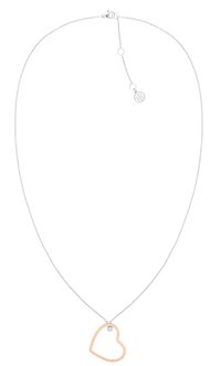 Zilveren ketting met een dunne, roségouden hartpendant en een kleine ingebedde edelsteen. Elegante ontwerp met subtiele accenten.