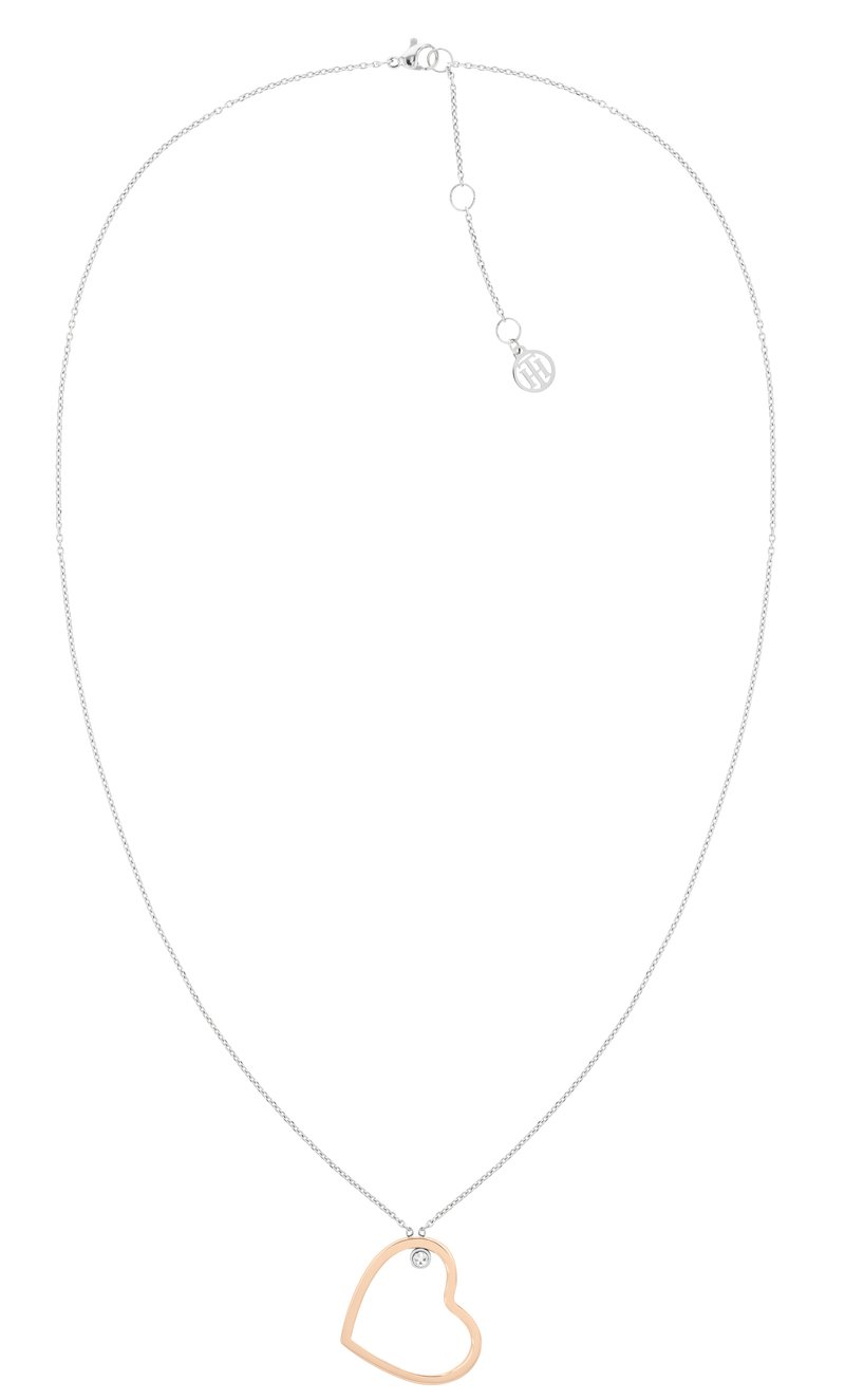 Zilveren ketting met een dunne, roségouden hartpendant en een kleine ingebedde edelsteen. Elegante ontwerp met subtiele accenten.