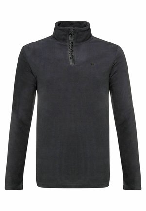 Pullover in pile nero con collo a mezza zip, dotato di zip con logo e maniche lunghe. Texture morbida con design semplice.