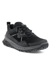 Black athletic shoes featuring a mix of mesh and suede materials. Lightweight design, round toe, and rugged rubber outsole with traction.