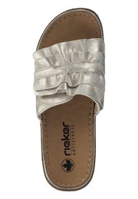 Silver slide sandal with gathered strap detail. Soft textured upper, cushioned brown footbed, and logo embossed on insole.