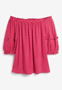 Off-the-shoulder top i pink stof med hvide bølgede striber, med elastisk halsudskæring og pufærmer med samlet elastik ved håndleddene.