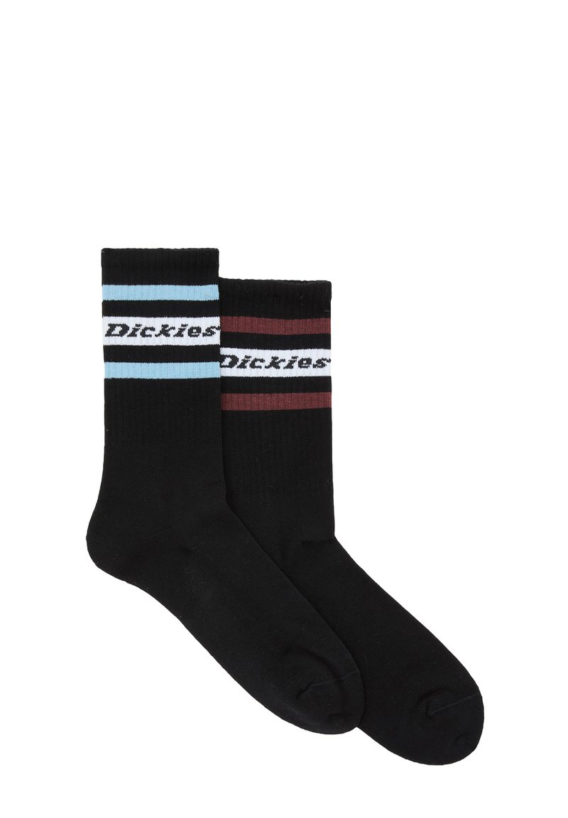 Due calze Dickies nere con polsini a coste, una con strisce blu e bianche, l'altra con strisce bordeaux e bianche vicino alla parte superiore.