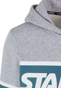 Sudadera con capucha gris de textura suave, que presenta un logo impreso en blanco y verde azulado en el pecho y un diseño de capucha estándar.