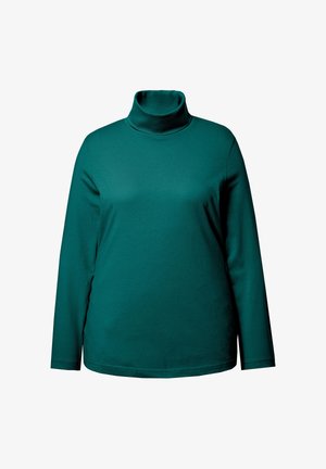 Haut à col roulé teal en tissu doux et extensible. Manches longues, encolure ajustée, et texture lisse avec un design uni.