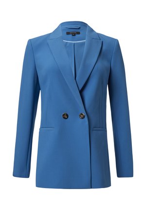 Blauwe blazer met een dubbelgebreide voorkant, gesneden revers, twee voorkoeken en zwarte knopen. Gladde stof met een getailleerde pasvorm.