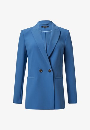 Blauwe blazer met een dubbelgebreide voorkant, gesneden revers, twee voorkoeken en zwarte knopen. Gladde stof met een getailleerde pasvorm.