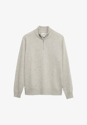 Light gray knit sweater with a half-zip collar, ribbed cuffs, and hem. Soft texture, long sleeves, and classic fit.