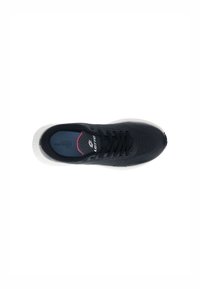 Black mesh athletic shoe with a textured upper, white outsole, and black laces. Features a blue insole with logo detail.