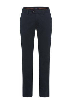 Donkerblauwe rechte herenbroek met knoopsluiting en riemlussen, weergegeven op een witte achtergrond.