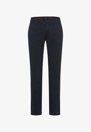 Donkerblauwe rechte herenbroek met knoopsluiting en riemlussen, weergegeven op een witte achtergrond.