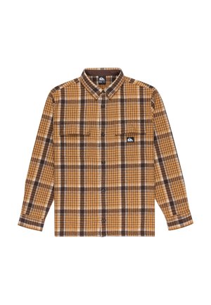 Bruine en gele geruite shirt met een button-down kraag, lange mouwen, twee borstzakken en een klein logo-opdruk op de linkerzak.