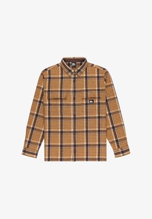 Brown and yellow plaid shirt with a button-down collar, long sleeves, two chest pockets, and a small logo patch on the left pocket.