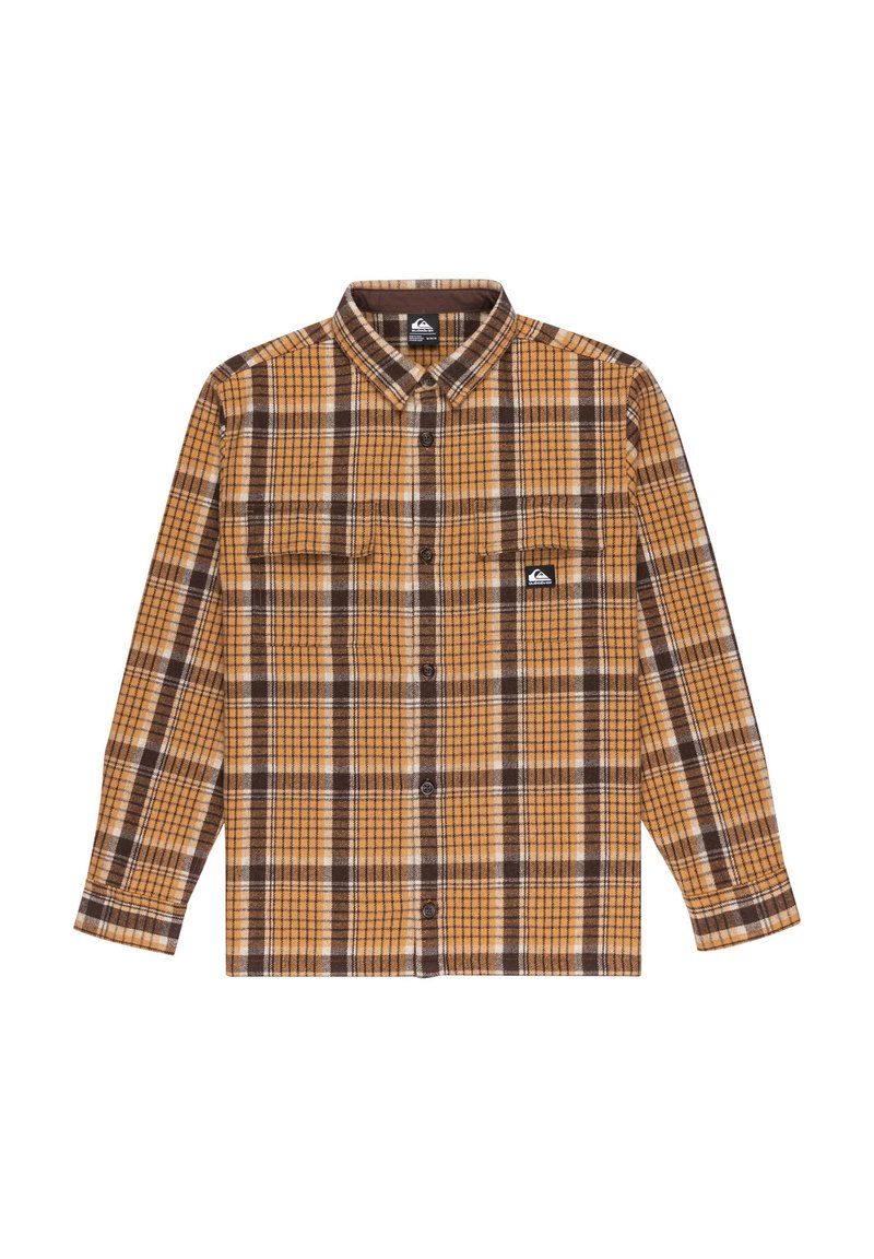 Bruine en gele geruite shirt met een button-down kraag, lange mouwen, twee borstzakken en een klein logo-opdruk op de linkerzak.