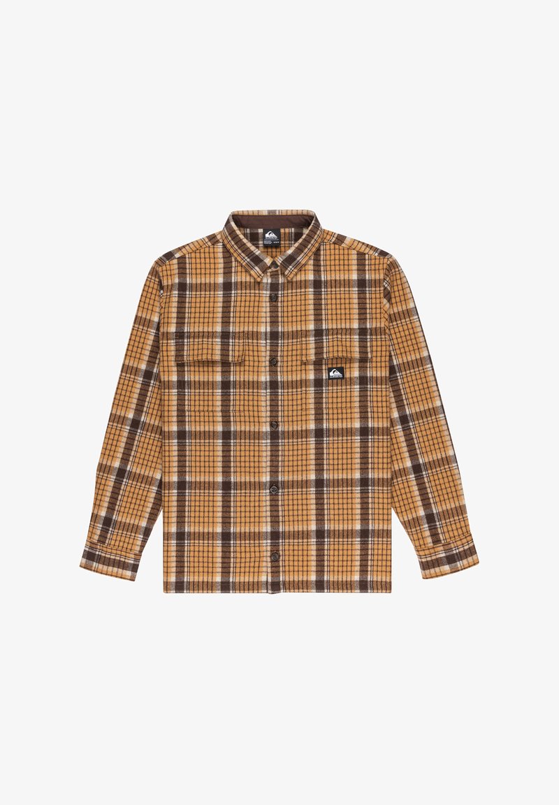 Bruine en gele geruite shirt met een button-down kraag, lange mouwen, twee borstzakken en een klein logo-opdruk op de linkerzak.