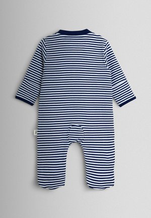 Marineblauwe en witte gestreepte romper met lange mouwen, ronde hals en drukknoopsluiting aan de achterkant. Zacht katoenen materiaal met een gladde textuur.