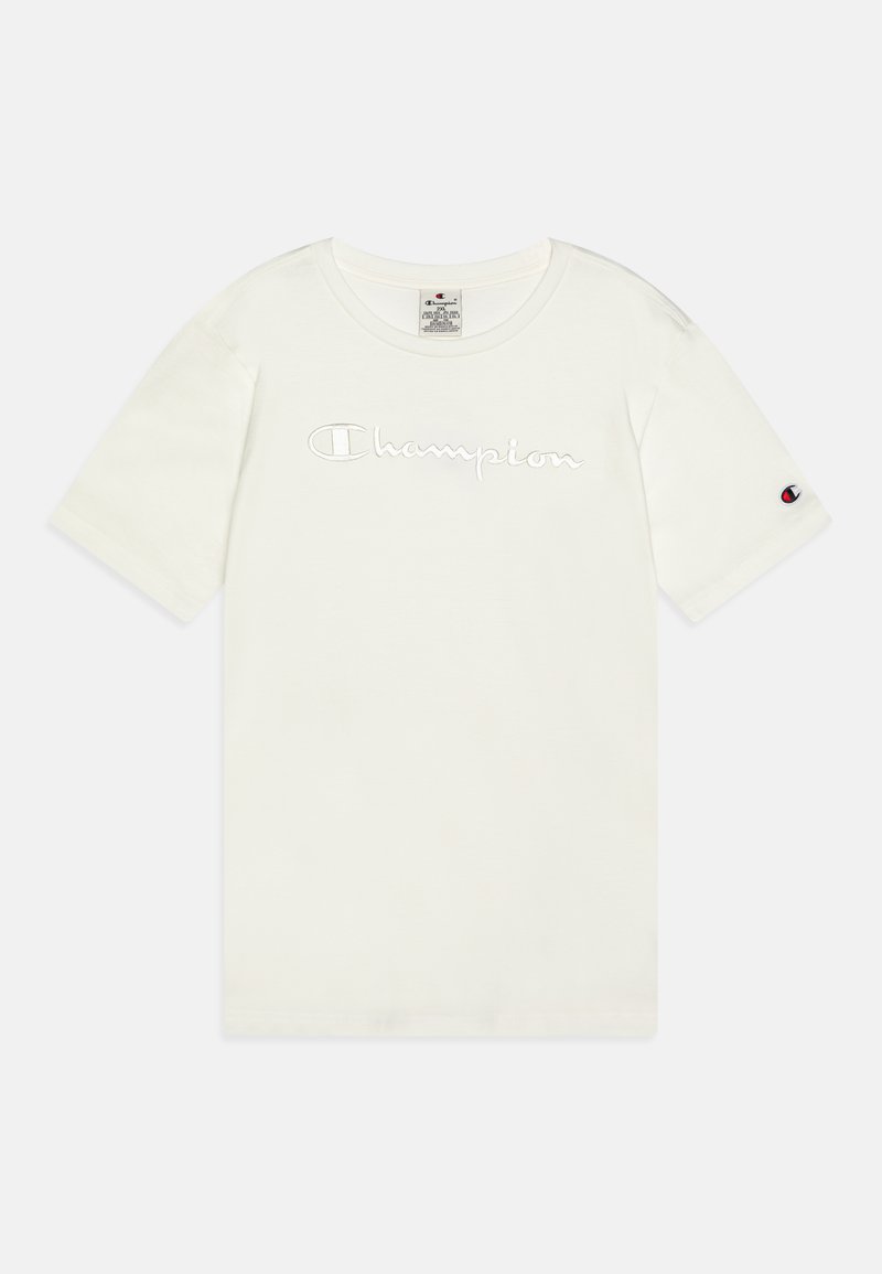 Tricou alb cu guler rotund, din bumbac, cu mâneci scurte. Prezintă logo-ul brodat "Champion" pe piept și o etichetă cu logo pe mânecă.