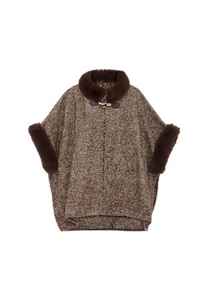 Ruskea herringbone-poncho, jossa on turkiskaulus ja -hihansuut, ja toggle-suljenta. Pehmeä rakenne, löysä mitoitus ja leveät hihat.