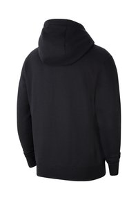 Zwarte hoodie met een zachte textuur, voorzien van een grote capuchon, lange mouwen en een ribgebreide zoom. Geen zichtbare ontwerpelementen aan de voorkant.