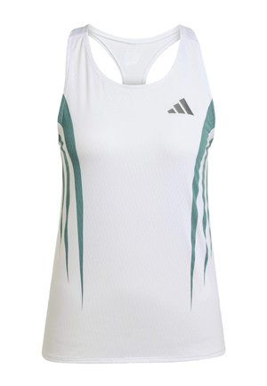 White athletic tank top with teal accents and a geometric pattern. Features a racerback design and lightweight, textured fabric.