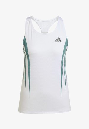 Witte sportieve tanktop met teal accenten en een geometrisch patroon. Beschikt over een racerback ontwerp en een lichte, gestructureerde stof.