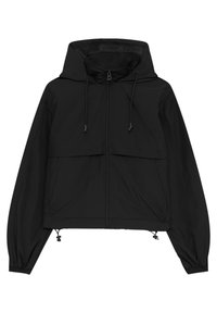 Czarna nylonowa kurtka z kapturem, z zamkiem błyskawicznym z przodu, dwoma poziomymi kieszeniami, regulowanymi sznureczkami w talii i na rękawach; gładka tekstura.