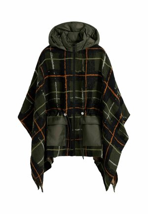 Poncho in dark green plaid with orange and white lines. Features a hood, zip front, and two front pockets with drawstring details. Soft texture.
