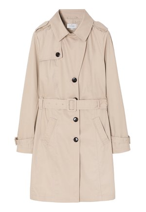 Trench coat beige realizzato in tessuto leggero, con davanti doppiopetto, bottoni neri, cintura removibile e tasche laterali.