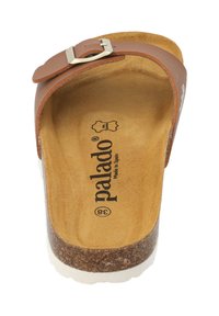 Sandalo in pelle marrone con una sola cinghia dotata di una fibbia in metallo argentato, intersuola in sughero e suola bianca spessa. Logo "Palado" visibile all'interno.