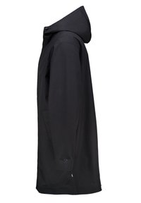 Impermeable negro con capucha y corte recto, con cierre de cremallera, bolsillos laterales y una textura suave y resistente al agua.