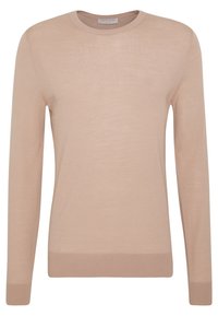 Pull en tricot beige, manches longues, col rond, poignets et ourlet côtelés, texture légère. Design simple sans motifs ni embellissements.