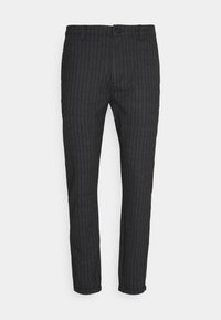 Dark gray striped trousers with a slim fit, featuring a button closure and cuffed hems. Made from a textured fabric.