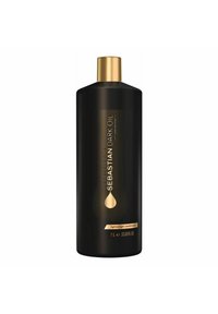 Black bottle with a gold cap, featuring vertical golden stripes and a droplet design. Text includes "Sebastian Dark Oil" and product details.