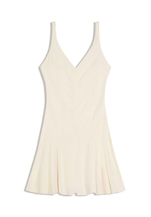 Ärmelloses, cremefarbenes Kleid mit V-Ausschnitt, tailliertem, gerafftem Oberteil und ausgestelltem, plissiertem Rock.