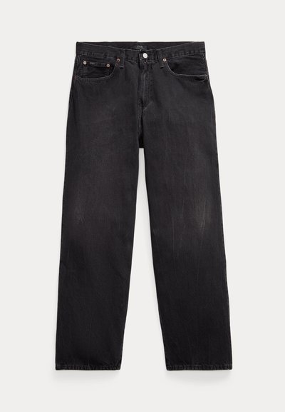 Svarte denimjeans med rette ben, fem lommer, knappestenging og synlige metallnagler på fremre lommer.