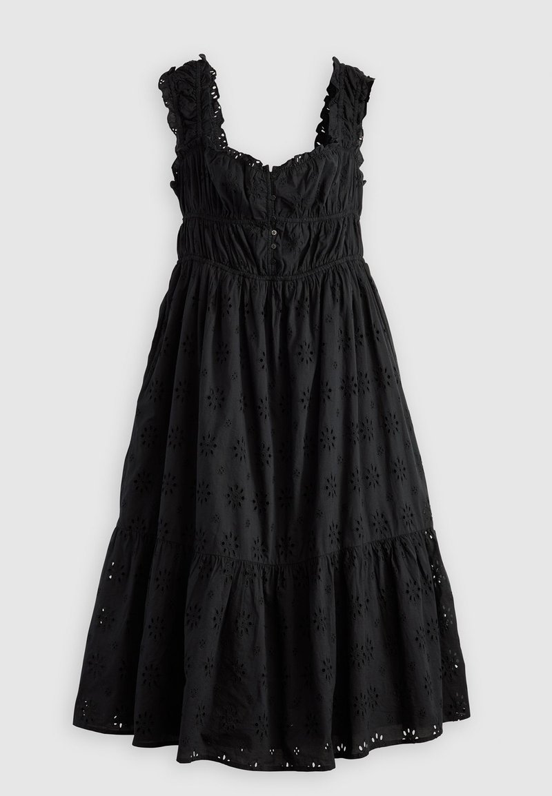 Vestido negro con escote y tirantes con volantes, cierre de botones en el frente y bordado floral. Diseño fluido y escalonado con longitud por debajo de la rodilla.