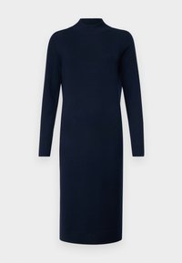 Abito lavorato a maglia blu navy con collo alto, maniche lunghe e silhouette dritta. Presenta una texture liscia e un design lungo fino al ginocchio.