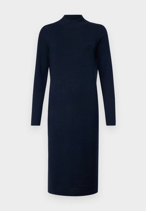 Dunkelblaues Strickkleid mit hohem Hals, langen Ärmeln und gerader Silhouette. Verfügt über eine glatte Textur und ein knielanges Design.