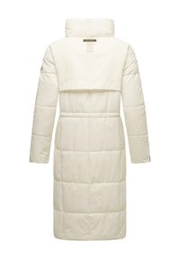 Long, puffy coat in off-white color with a high collar, featuring diagonal quilted sections and a branded tag on the back.