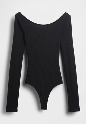 Zwart geribbeld bodysuit met lange mouwen, een off-shoulder halslijn en drukknoopsluiting aan de onderkant. Gemaakt van een getextureerd stretchmateriaal.