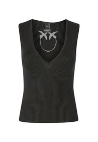 Top negro sin mangas con una textura acanalada, diseño de escote en V y un patrón de cara sonriente en gris claro en la parte posterior.