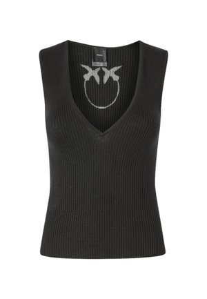 Top senza maniche nero con tessuto a costine, design a V e un motivo con faccina sorridente grigio chiaro sulla schiena.