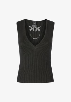 Top senza maniche nero con tessuto a costine, design a V e un motivo con faccina sorridente grigio chiaro sulla schiena.