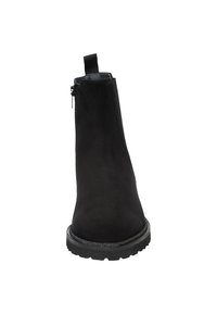 Schwarze Wildlederschuhstiefelette mit glatter Oberfläche, seitlichem Reißverschluss und einer stabilen schwarzen Gummisohle. Verfügt über eine Schlaufe zum einfachen Anziehen.