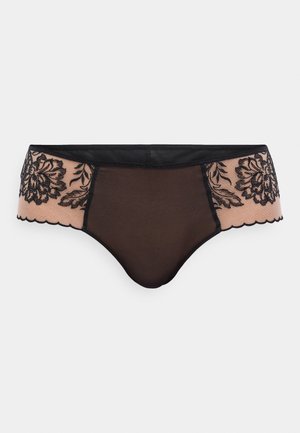 Chiloți din dantelă negri și nude, cu broderie florală, o finisare dintr-un material neted și margini ondulate. Design elegant cu culori contrastante.