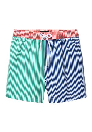 Shorts de bain pour enfants avec des rayures verticales vertes et bleues, une ceinture à rayures rouges et blanches, et un cordon blanc noué en nœud.