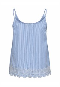 Modro-bela navpično črtasta zgornji del brez rokavov s tankimi naramnicami in belo vezenim robom z valovitim vzorcem.
