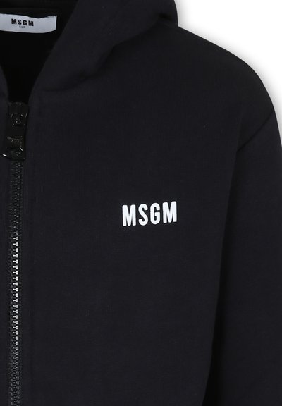 Zwarte hooded sweatshirt met een ritssluiting aan de voorkant, voorzien van een witte "MSGM"-logo op de borst. Gemaakt van zachte katoenstof.