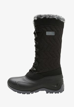Zwarte winterlaars met een bovenkant van textuurstof, nepbontafwerking, vetersluiting aan de voorkant en rubberen outsole voor grip. Met een zigzagpatroon.