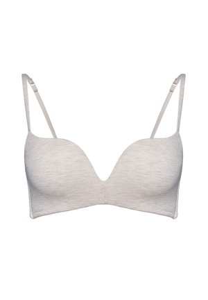 Svetlosivá prešívaná podprsenka s nastaviteľnými tenkými ramienkami a hlbokým výstrihom do tvaru písmena V vpredu pre lepšiu podporu a tvarovanie.